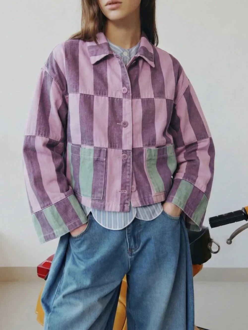 Mauve Pink Patchwork Denim Jacket with Contrast Trim